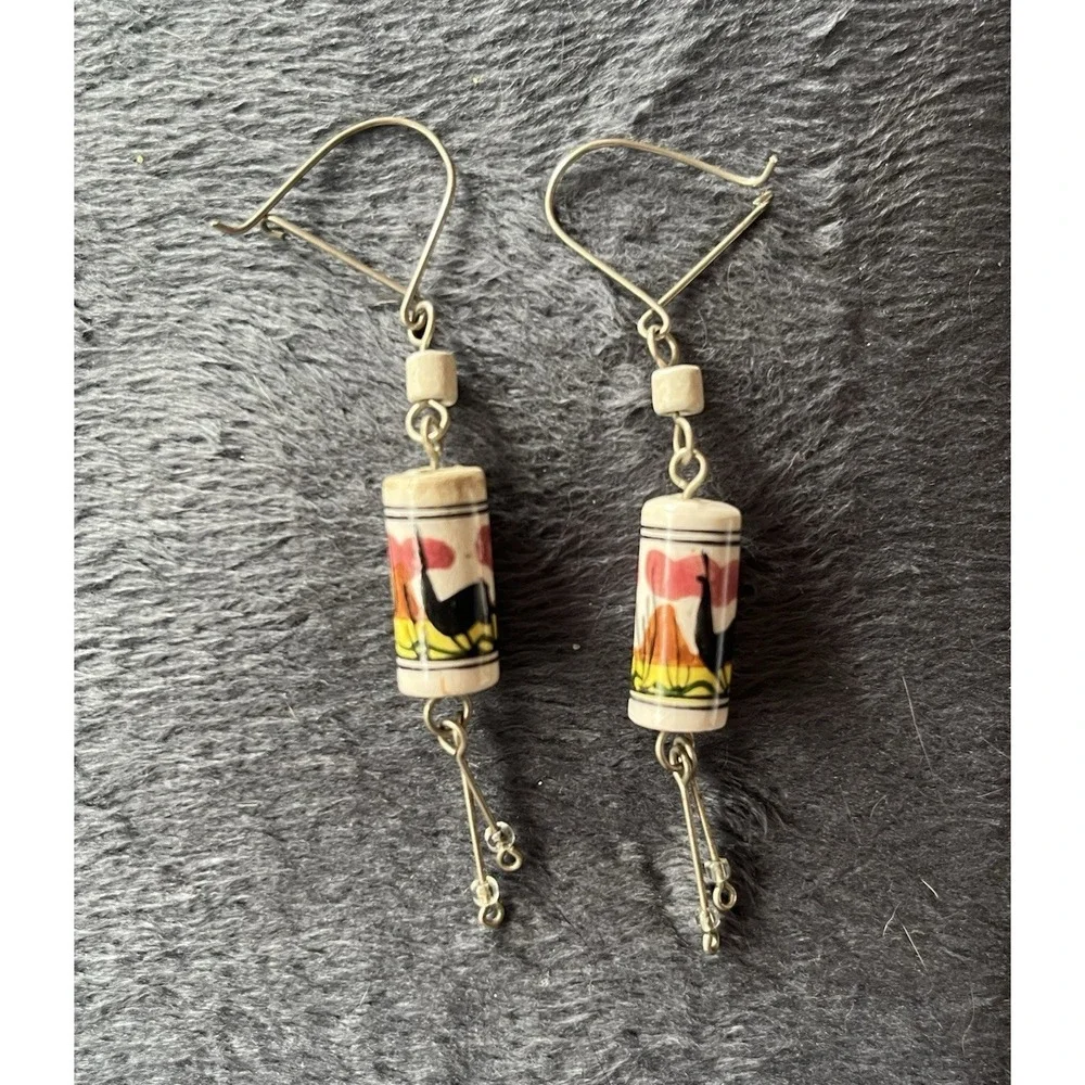 Vintage Peru Ceramic‎ Animal Earrings Colorful Beaded Southwest Boho Dangle